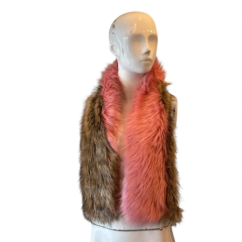 Faux Fur Colorblock Wrap Scarf Pink & Brown Glam Statement Stole Size OS